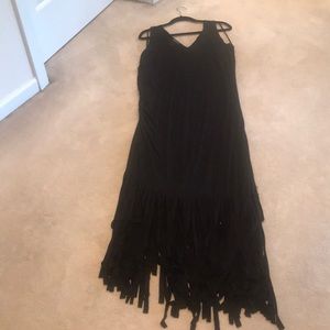 Asymmetrical fringed black maxi dress